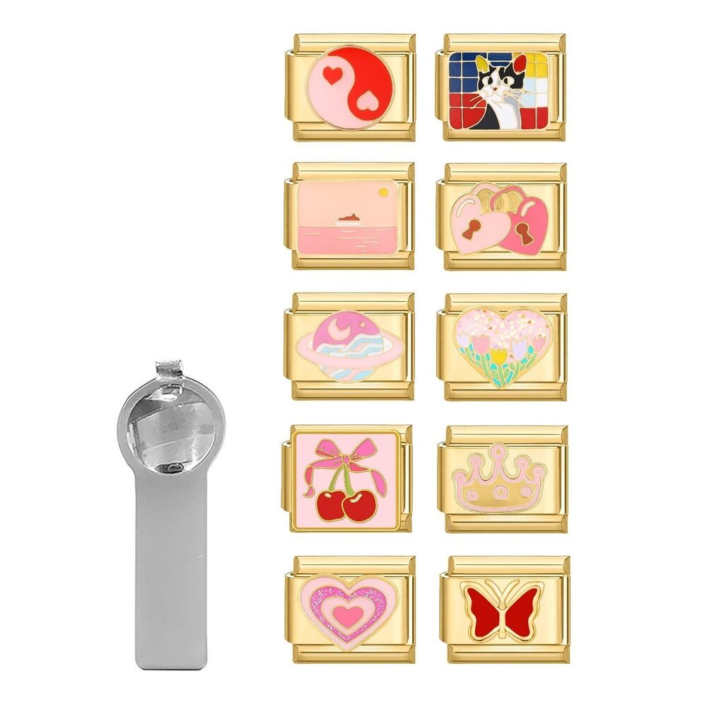 4713 Italian Charm Bracelet Charms Gold Set with Pink Assorted Charms